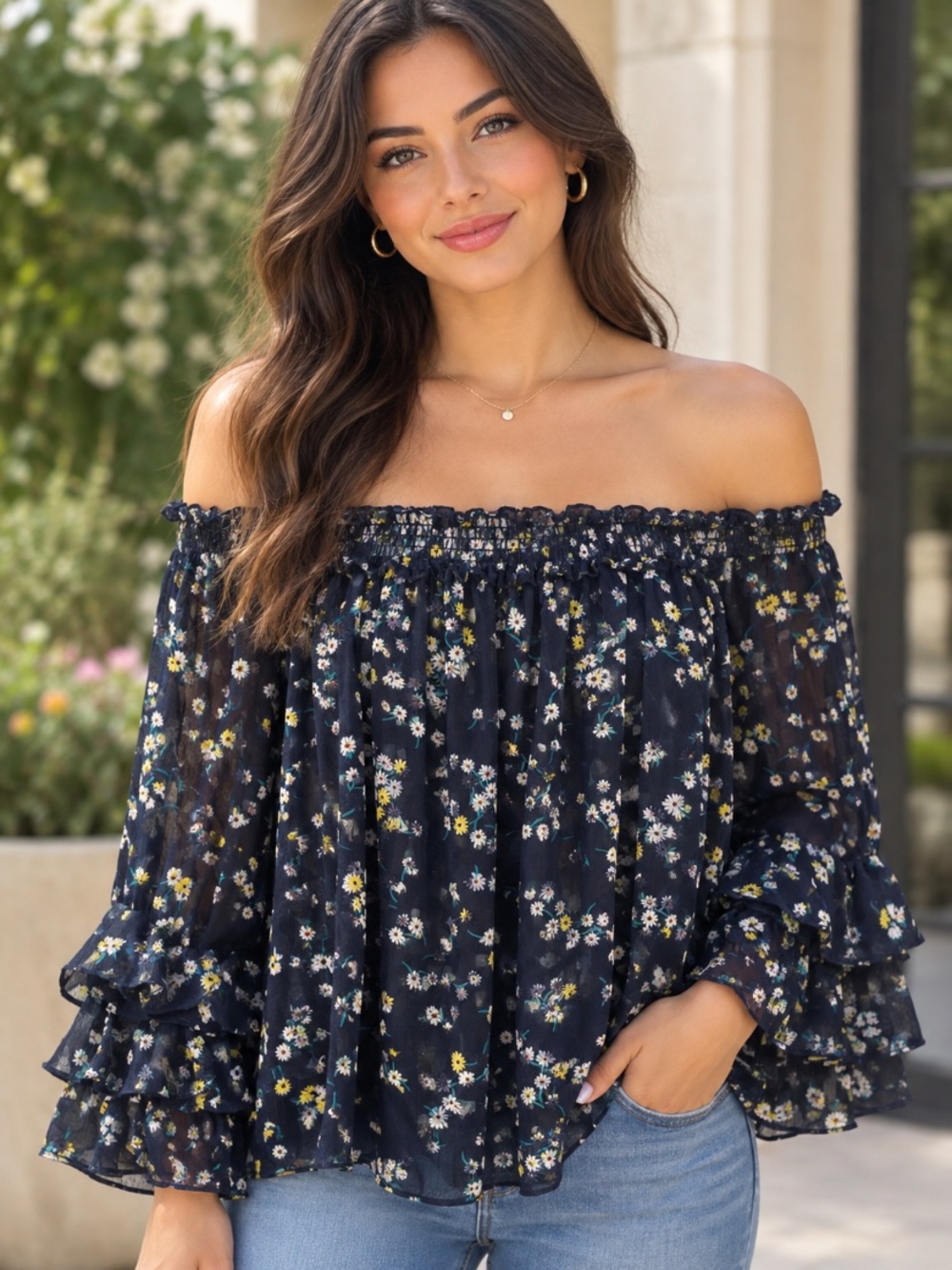 CeCe Floral Off-Shoulder Ruffle Sleeve Blouse